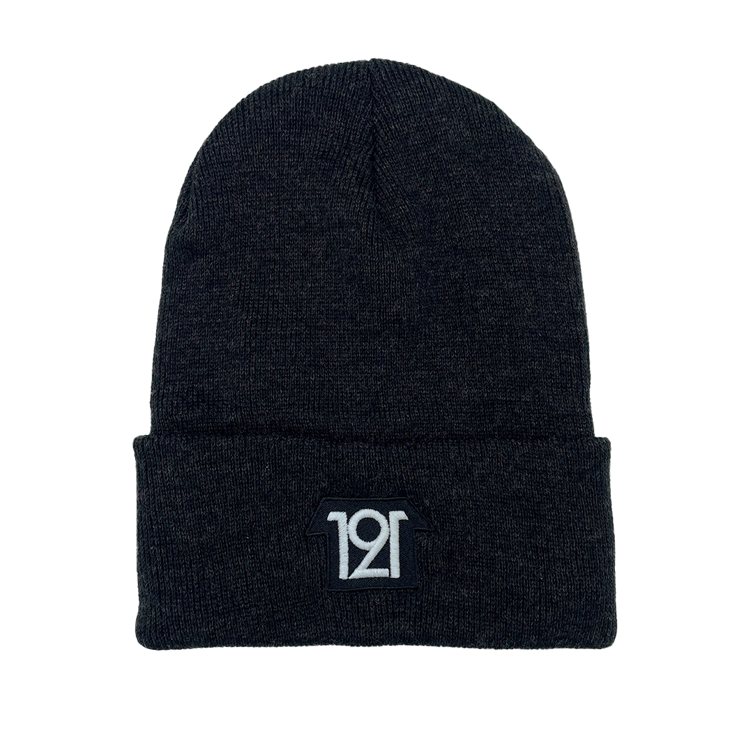 Black beanie with a logo on a white background