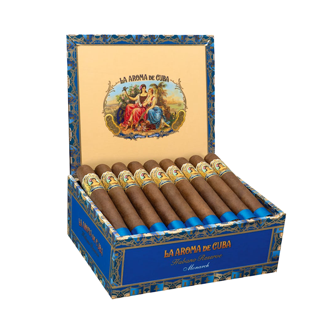 Box of La Aroma de Cuba cigars with decorative design on a white background