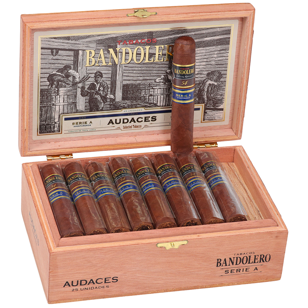Open wooden humidor with Bandolero Audaces cigars on a white background