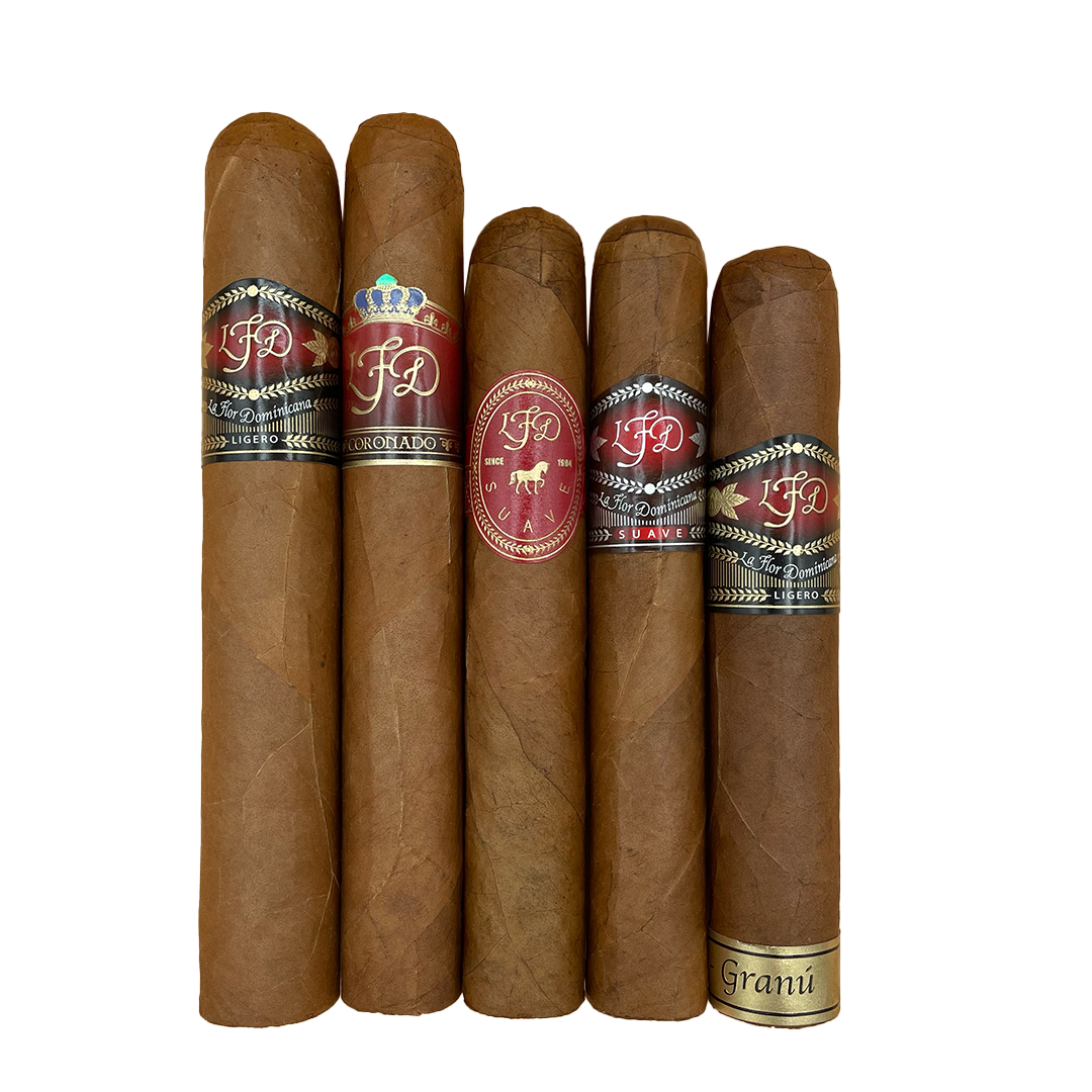 Five cigars with L.F.D. brand labels on a white background