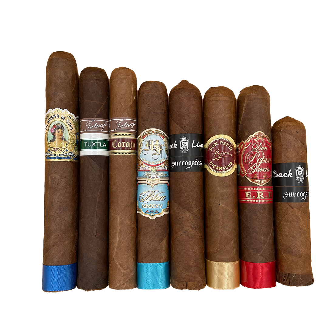 Assorted cigars with visible brand labels on a white background