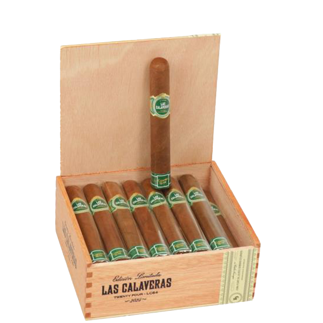 Box of cigars with a single cigar sticking out, branded 'Las Calaveras'.