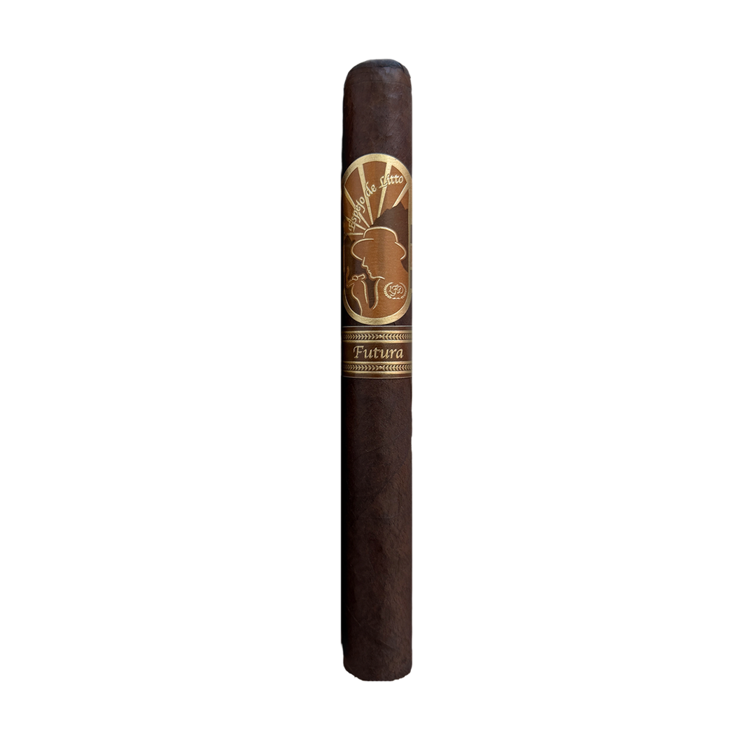 A single dark brown cigar with a gold and beige band featuring the logo for 'Futura'