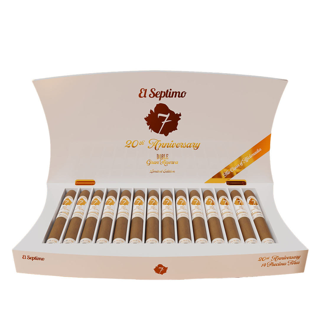 Box of El Septimo cigars with 20th Anniversary branding on a white background