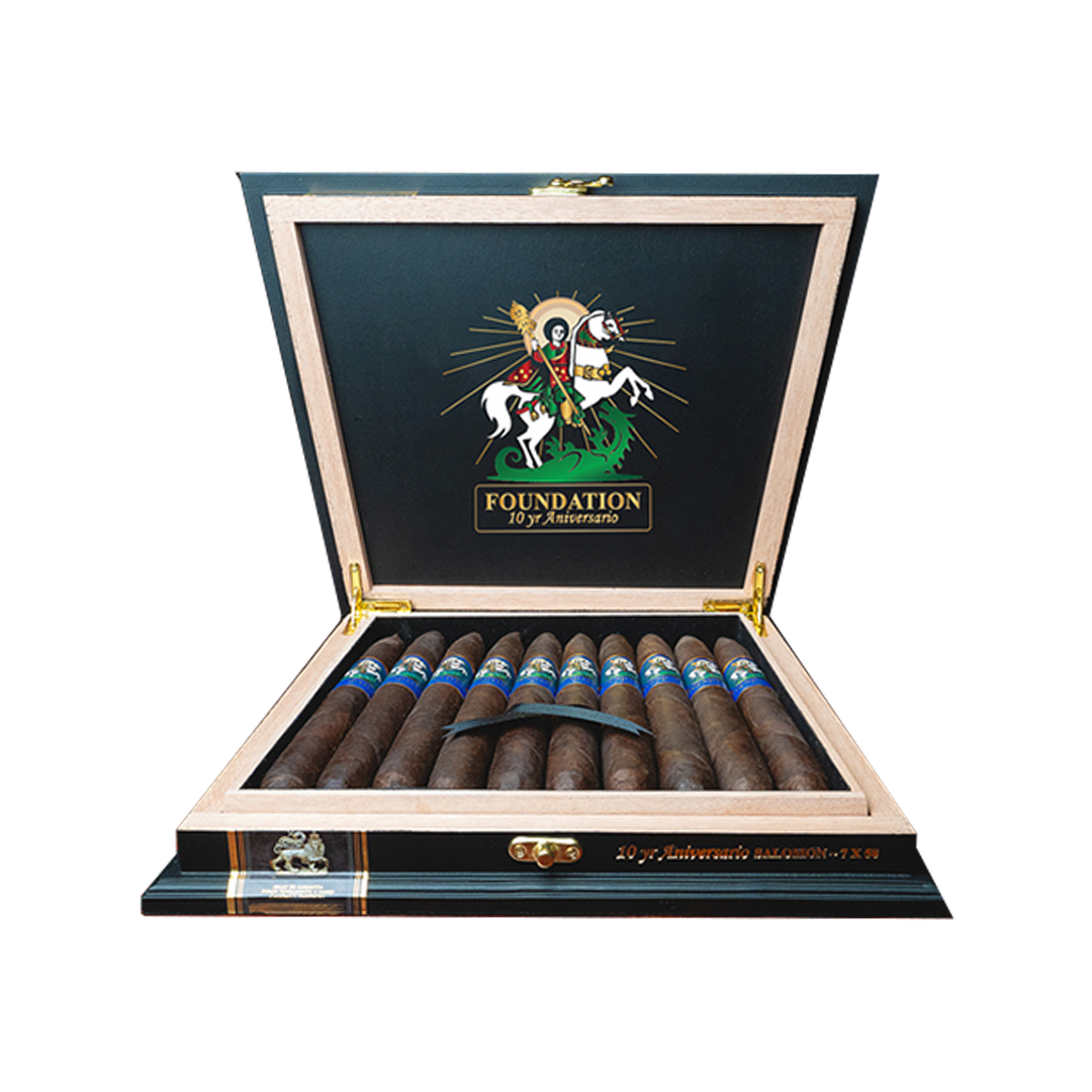 Cigar humidor with cigars and decorative lid featuring a logo and text on a white background