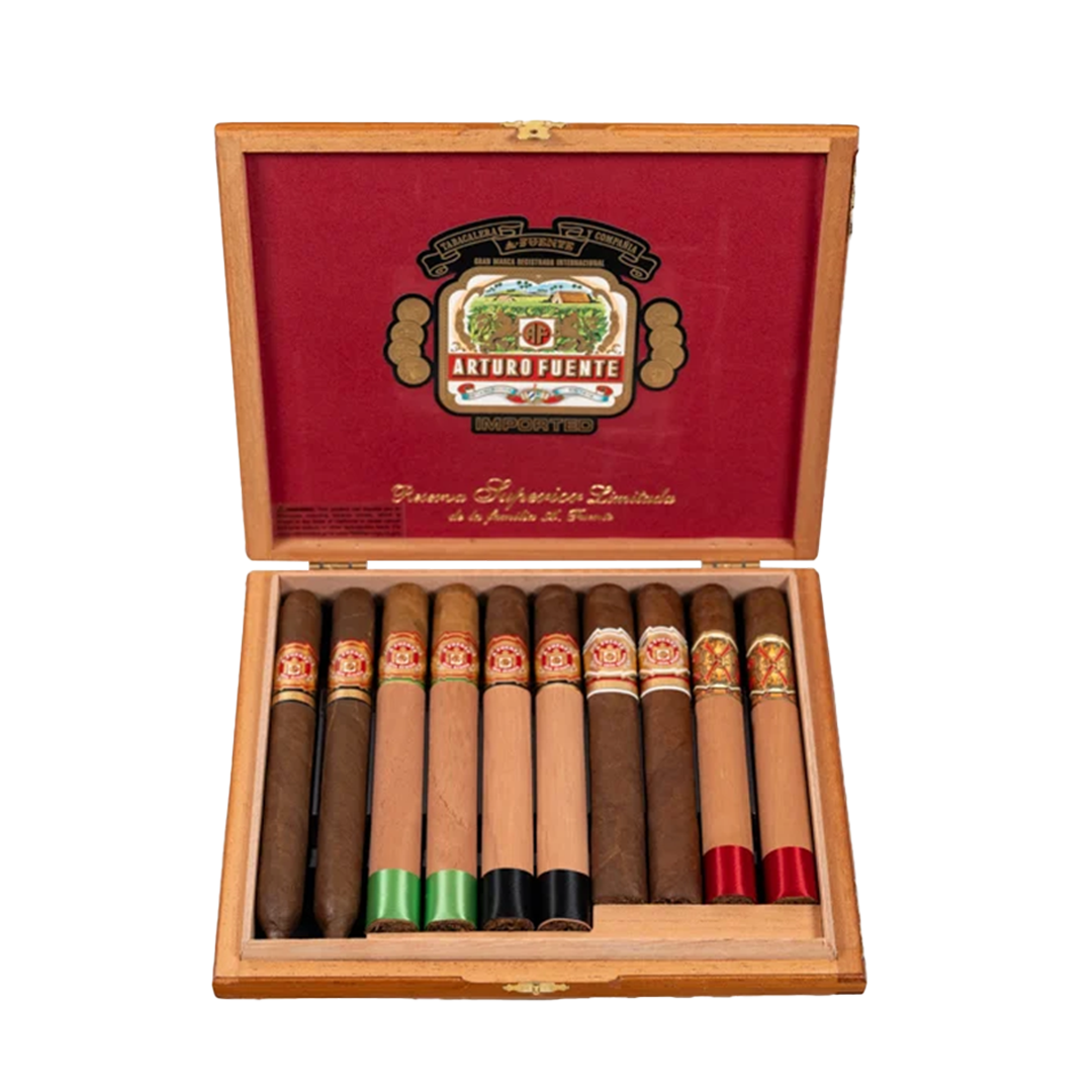 Open wooden box of cigars with a visible brand logo on a white background