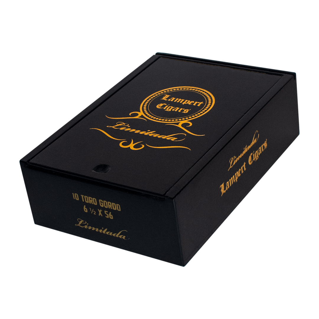 Black box with gold text and branding on a white background
