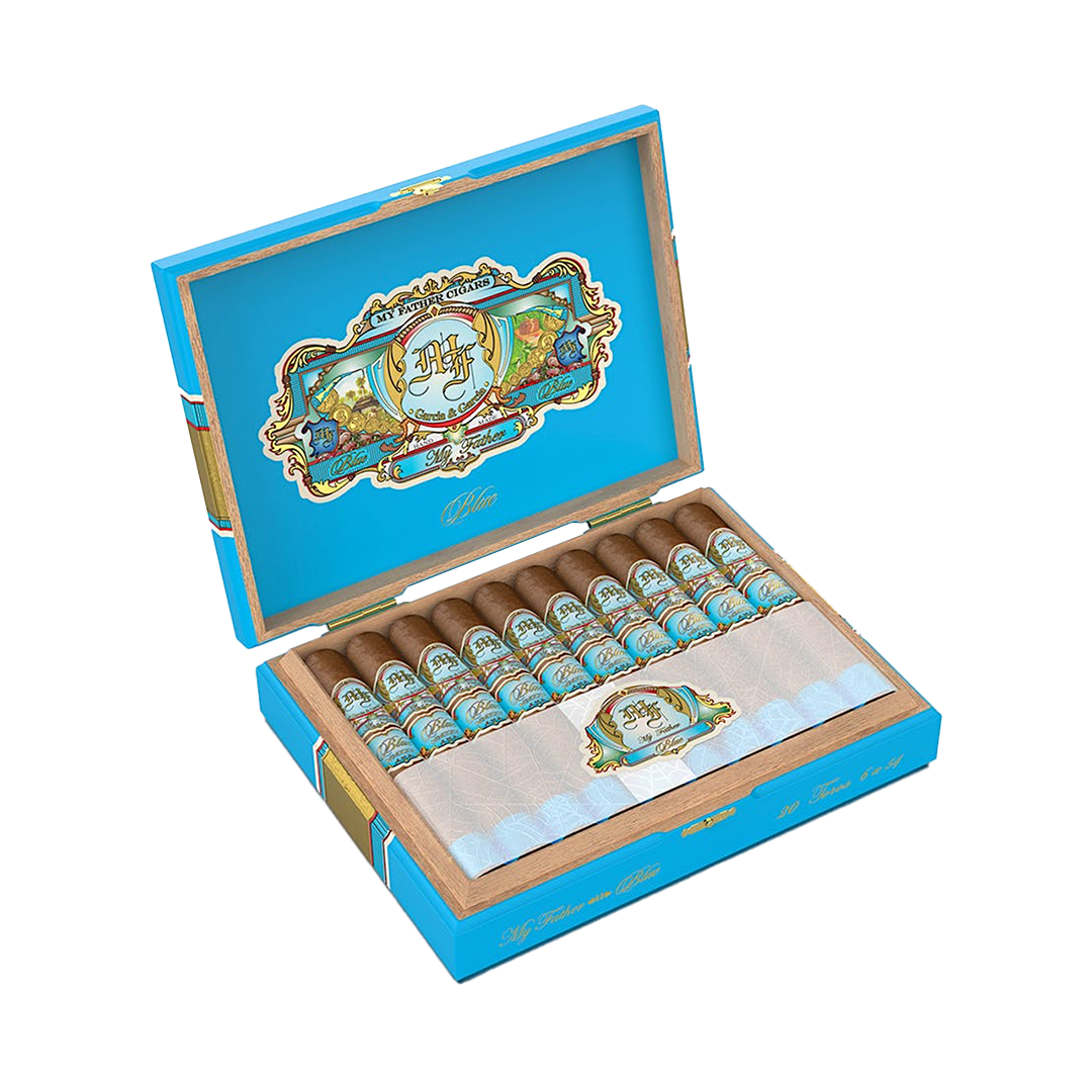 Open blue cigar box with cigars inside on a white background