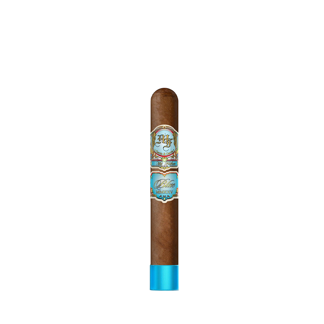 Cigar with a blue tip and label on a white background
