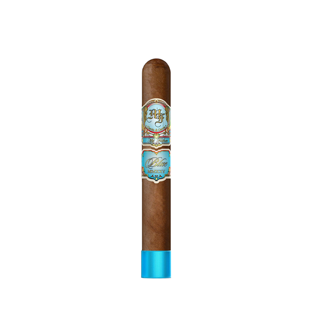 Cigar with a blue tip and decorative label on a white background