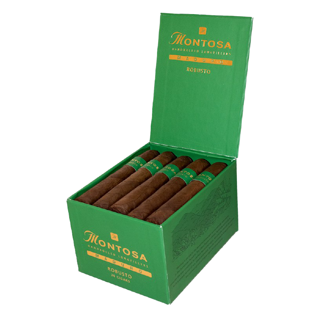 Green box of Montosa cigars on a white background