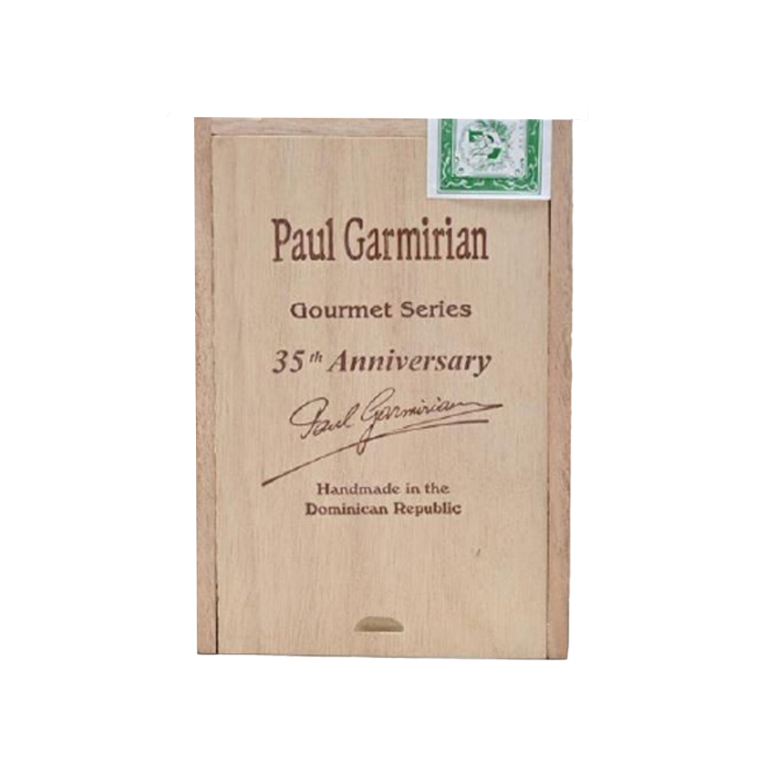 Wooden box with 'Paul Garmirian' branding and text on a white background