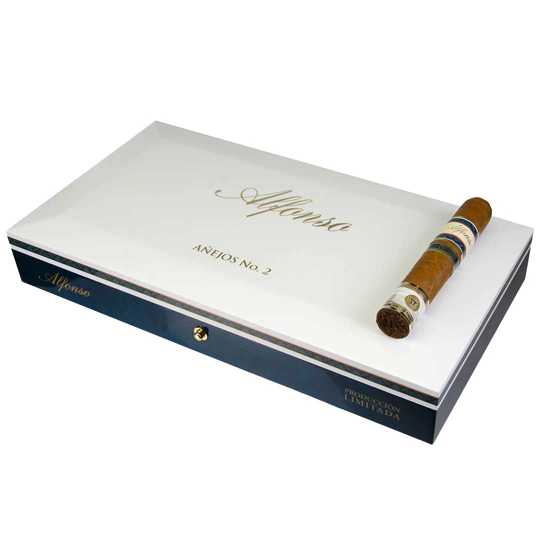 Cigar box with a single cigar on a white background