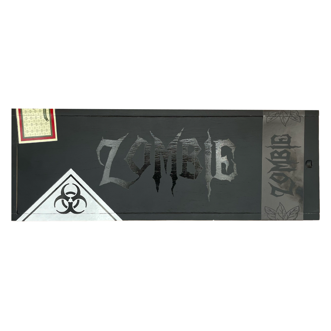 Black rectangular product with 'Zombie' branding and biohazard symbol on a white background
