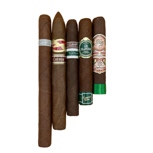 Five cigars with visible labels on a white background
