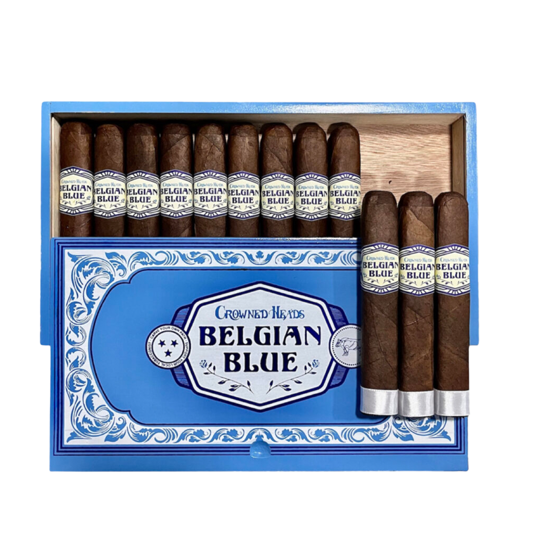 Crowneds Heads Belgian Blue cigars in a wooden box with blue lid