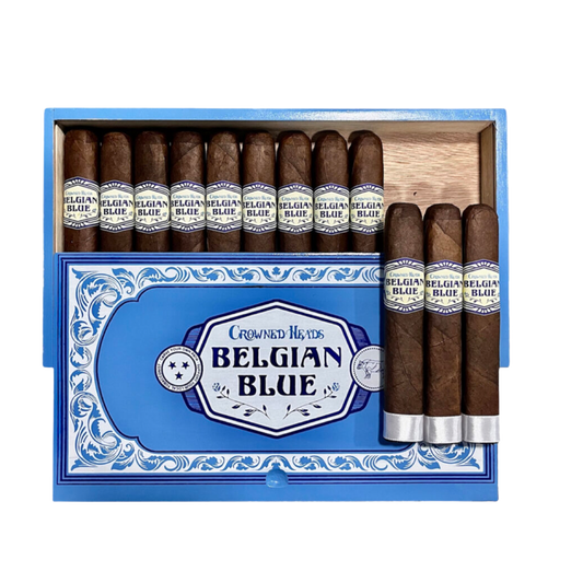 Crowneds Heads Belgian Blue cigars in a wooden box with blue lid