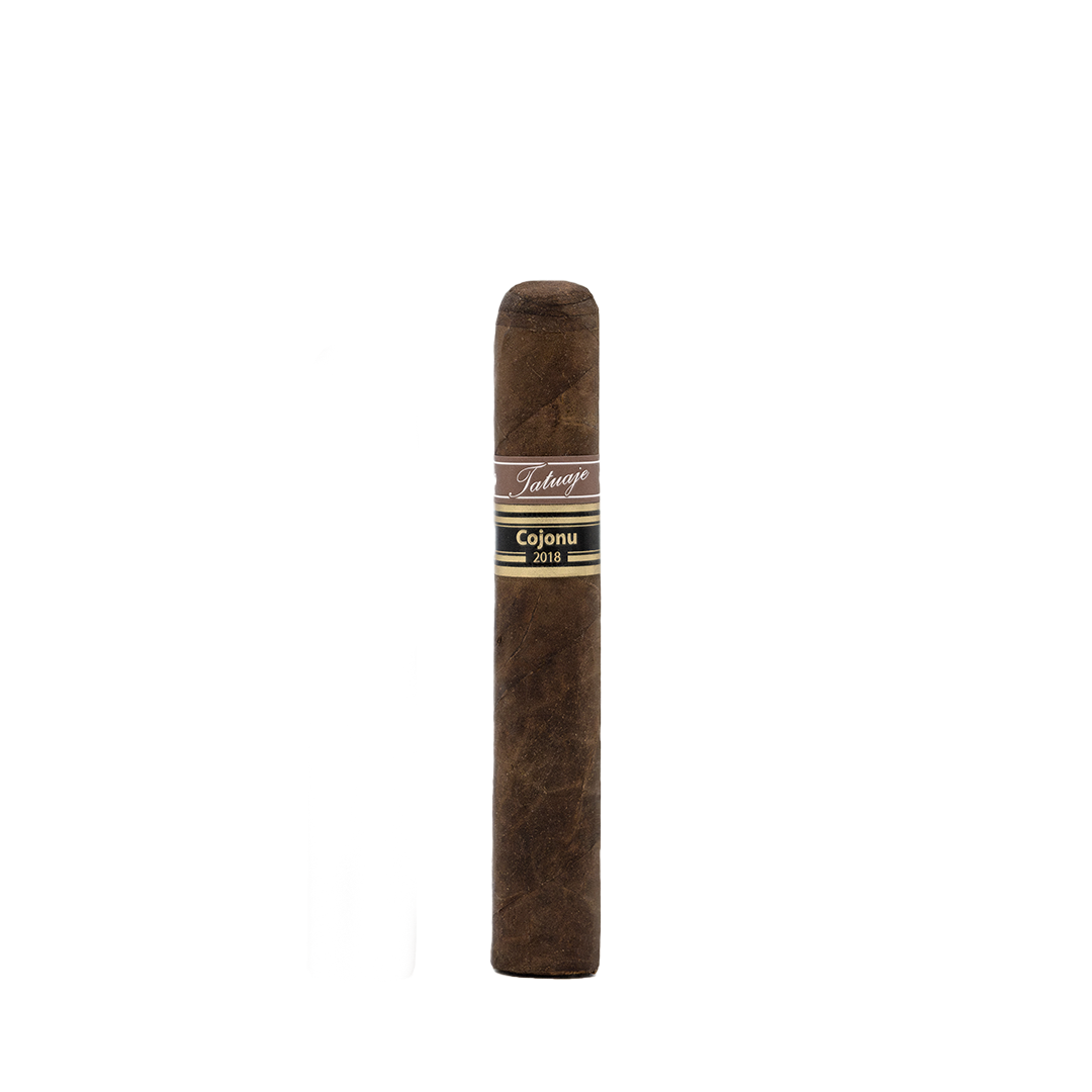 A single Tatuaje Cojonu 2018 Broadleaf cigar against a transparent background, displaying its full length and the brand and cigar type on the band.
