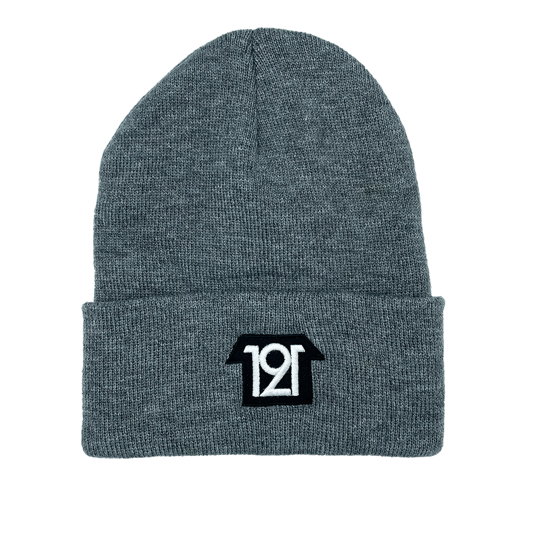 Gray beanie with a black and white logo on a white background