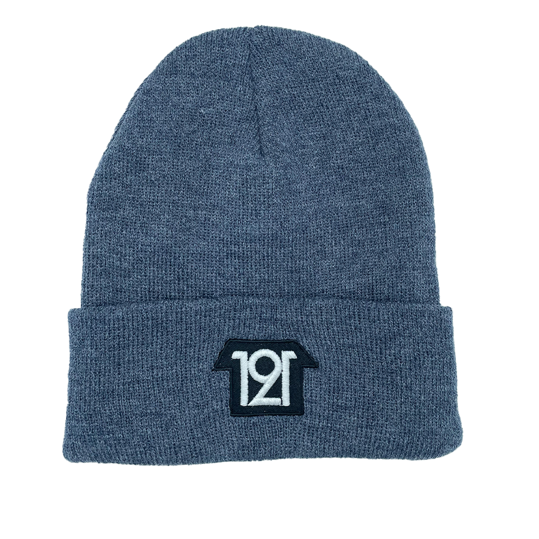 Blue beanie with a logo on a white background