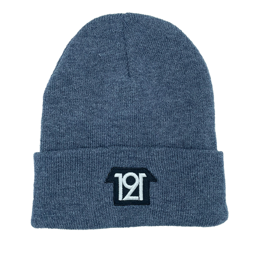 Blue beanie with a logo on a white background