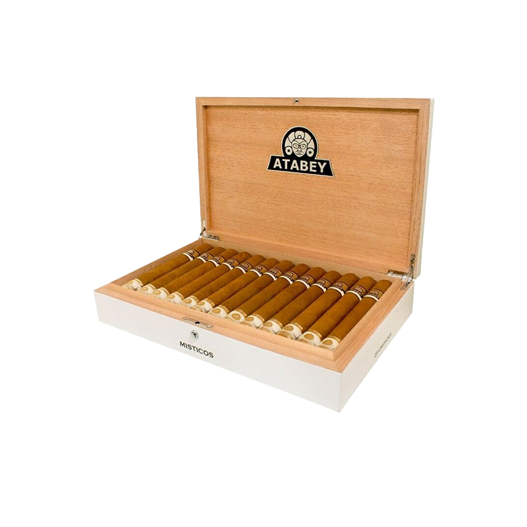 Wooden cigar box with cigars and Atabey logo on a white background