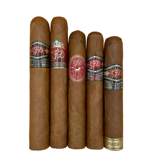 Five cigars with L.F.D. brand labels on a white background