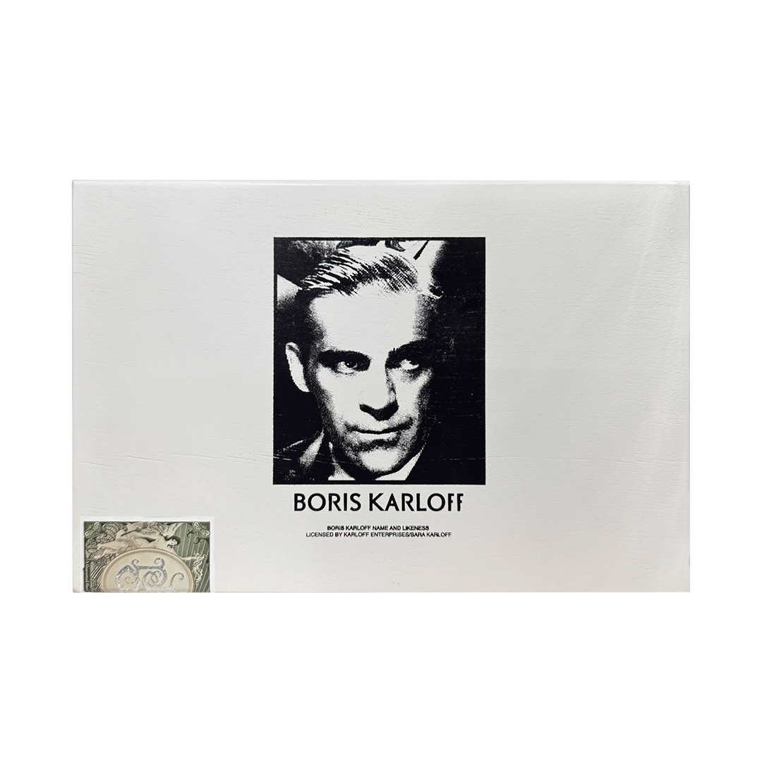 Product packaging featuring a black and white portrait of Boris Karloff on a white background