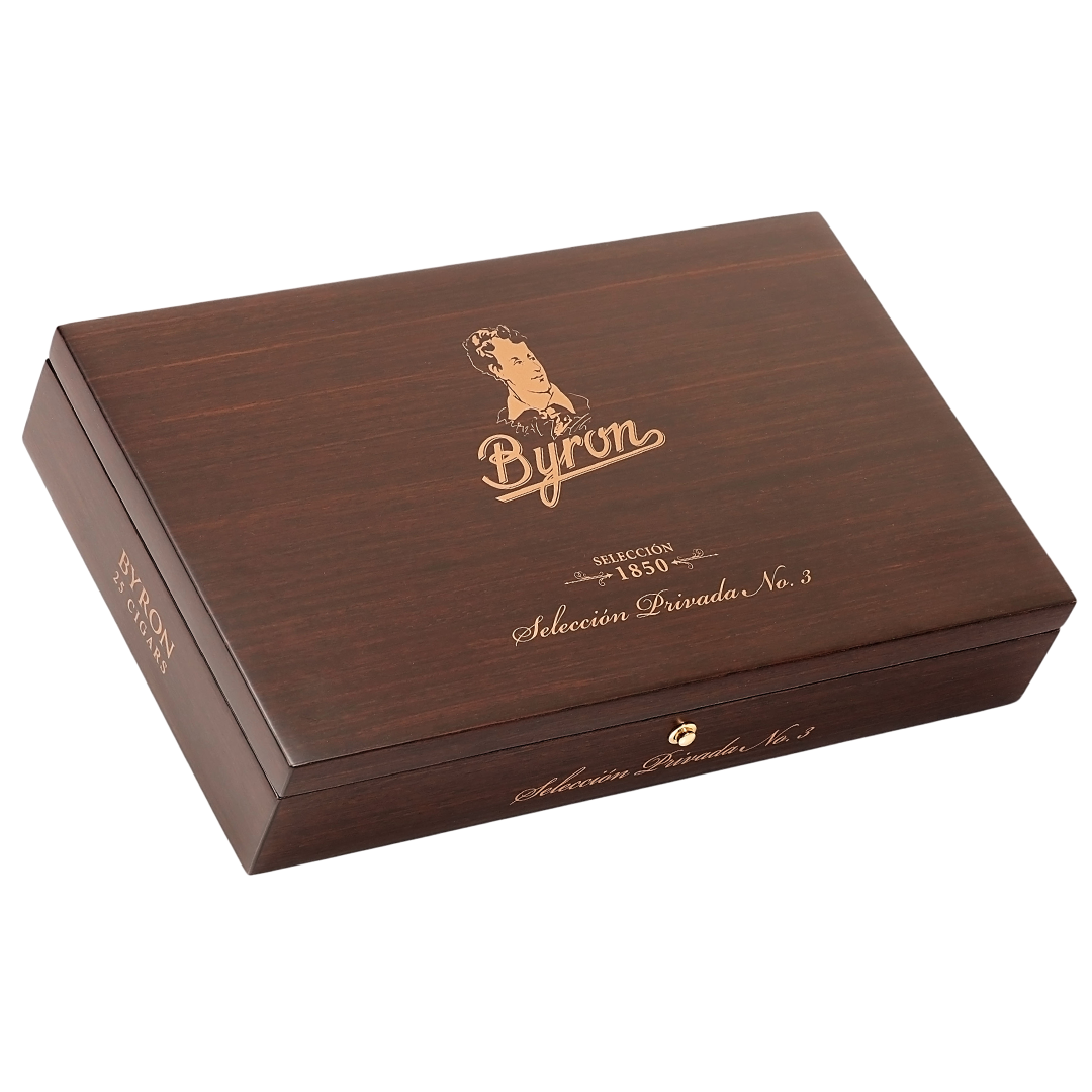 Wooden cigar box with 'Byron' branding on a white background