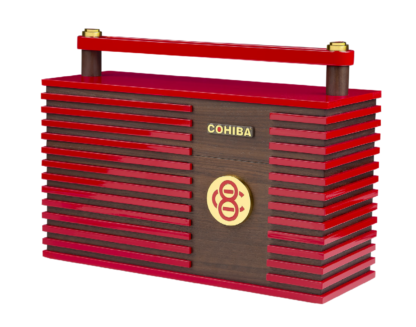 Red and brown COHIBA tobacco box with gold accents on a white background