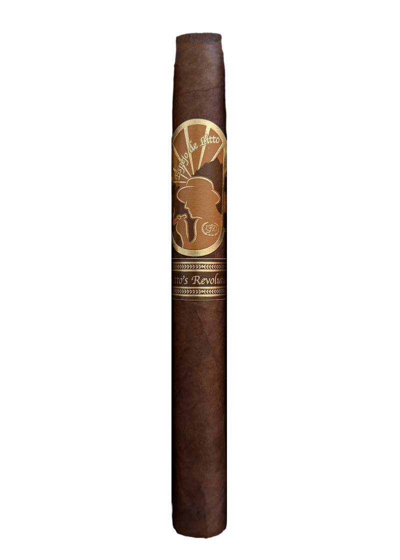 A single dark brown cigar with a gold and black band 