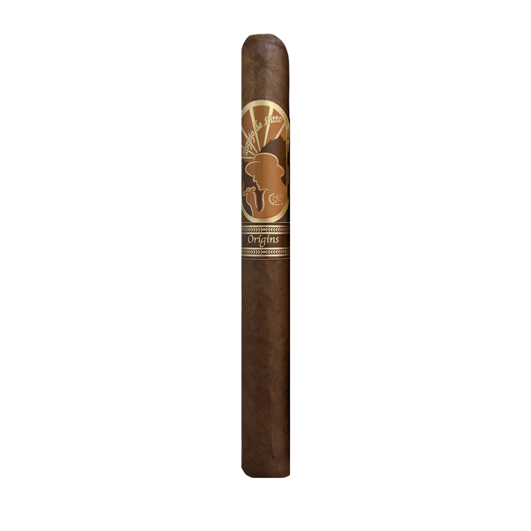 A single dark brown cigar with a gold and brown band 