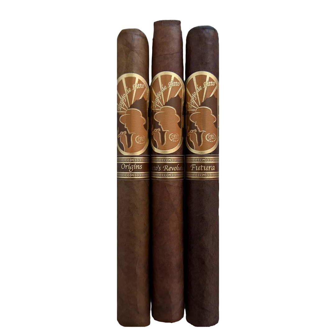Three dark brown cigars standing upright side by side on a plain white background, each with a gold and brown band featuring a profile illustration
