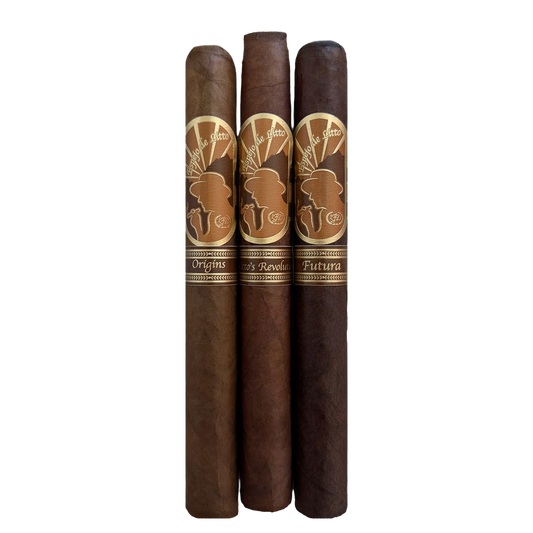 Three dark brown cigars standing upright side by side on a plain white background, each with a gold and brown band featuring a profile illustration