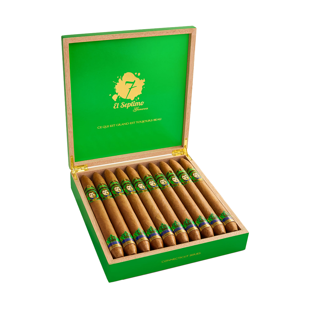 Open green humidor with cigars on a white background