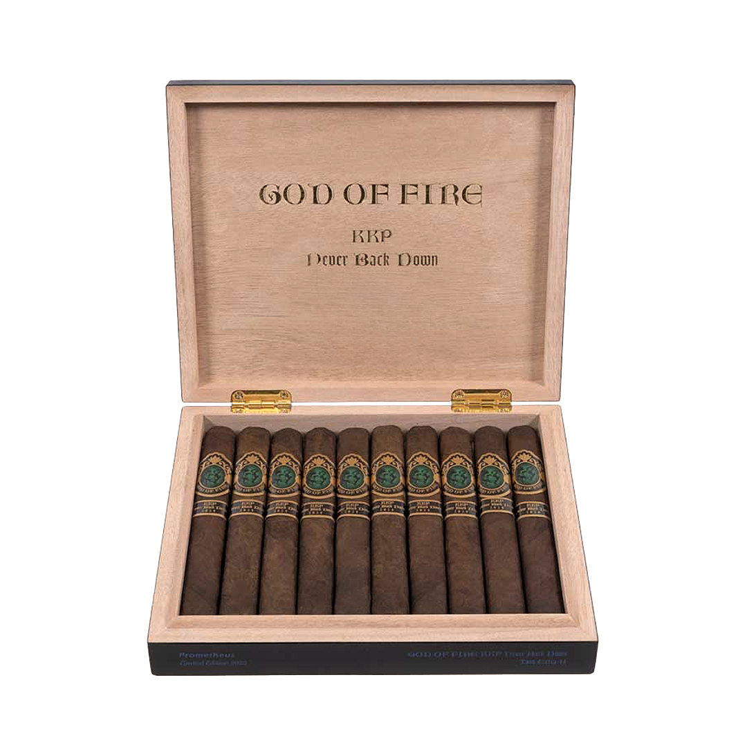 Wooden humidor with cigars labeled 'God of Fire' on a white background