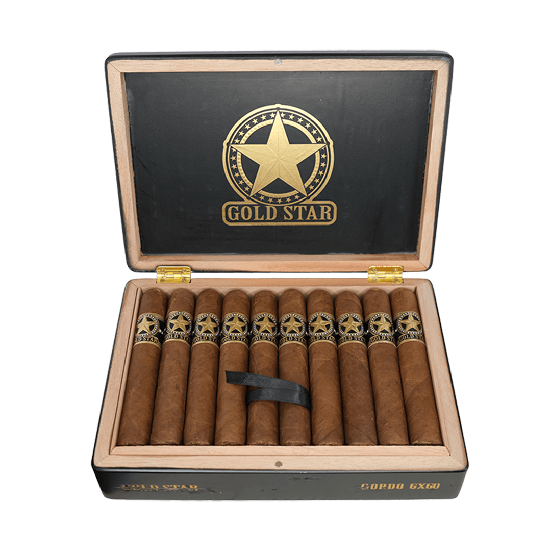 Open box of Gold Star cigars with a star emblem on a white background