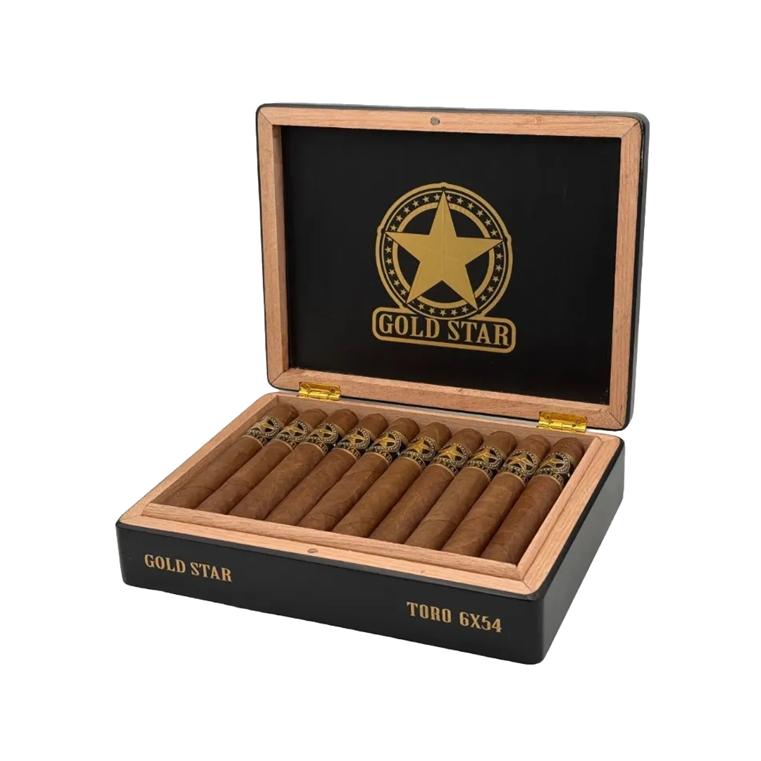 Open cigar humidor with Gold Star logo and cigars inside on a white background