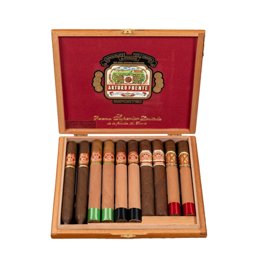 Open wooden box of cigars with a visible brand logo on a white background
