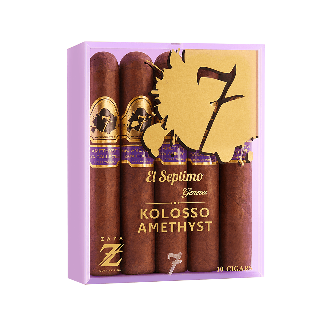 Box of El Septimo Kolosso Amethyst cigars with gold and purple design on a white background
