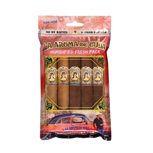 Pack of La Aroma de Cuba cigars with a vintage car and person on the packaging.