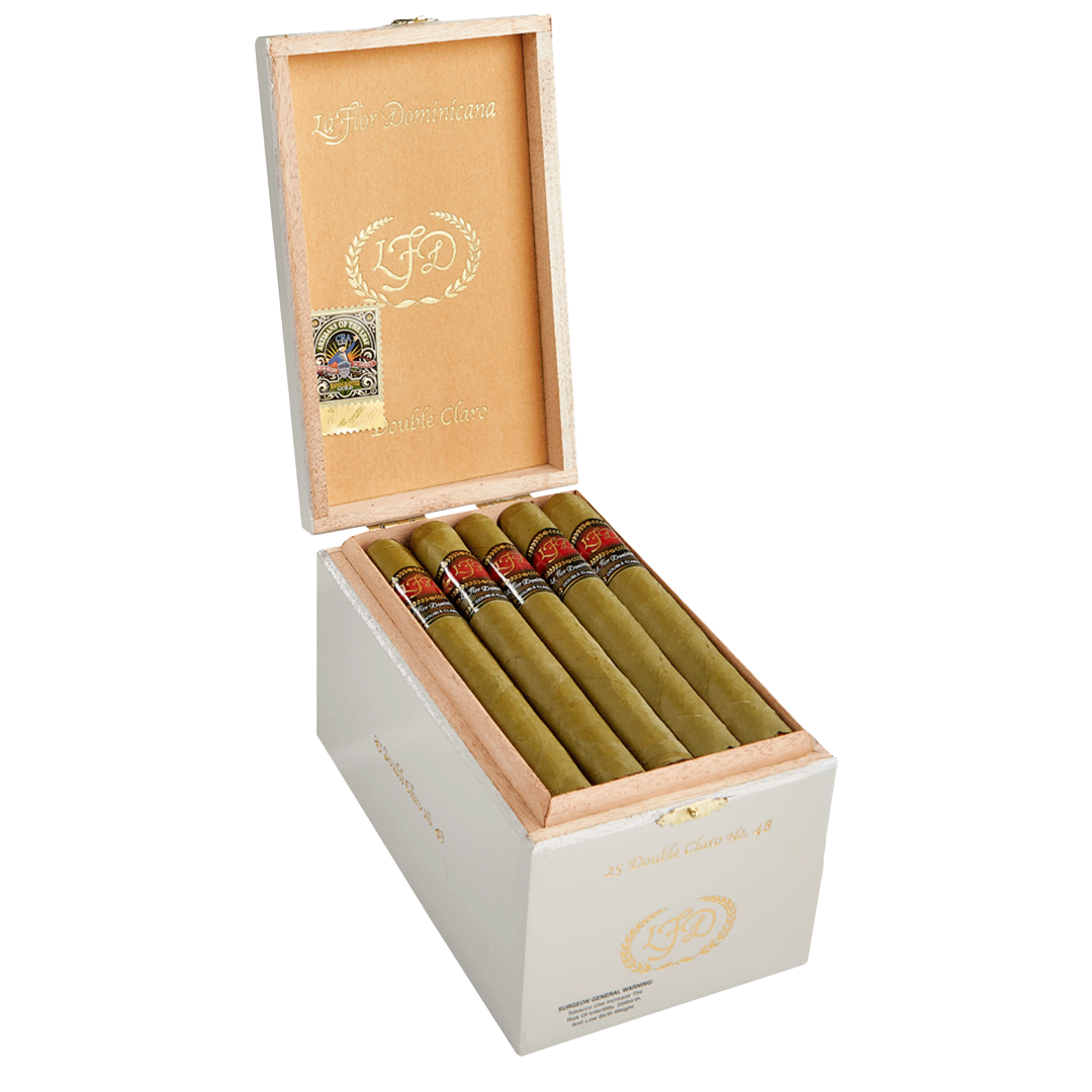Open wooden box containing cigars with a visible brand logo on a white background