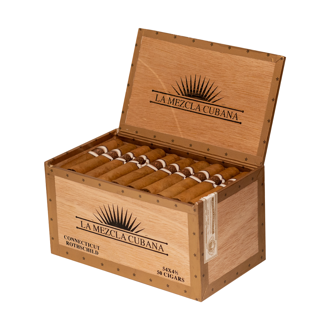 Wooden box of La Mezcla Cubana cigars on a white background