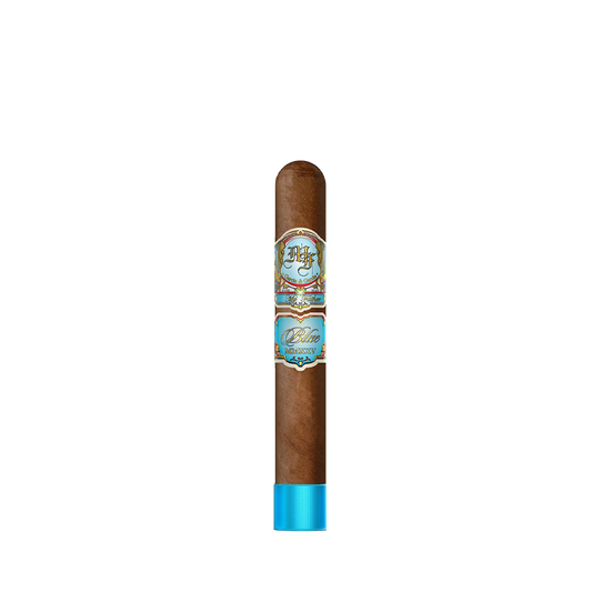 Cigar with a blue tip and label on a white background