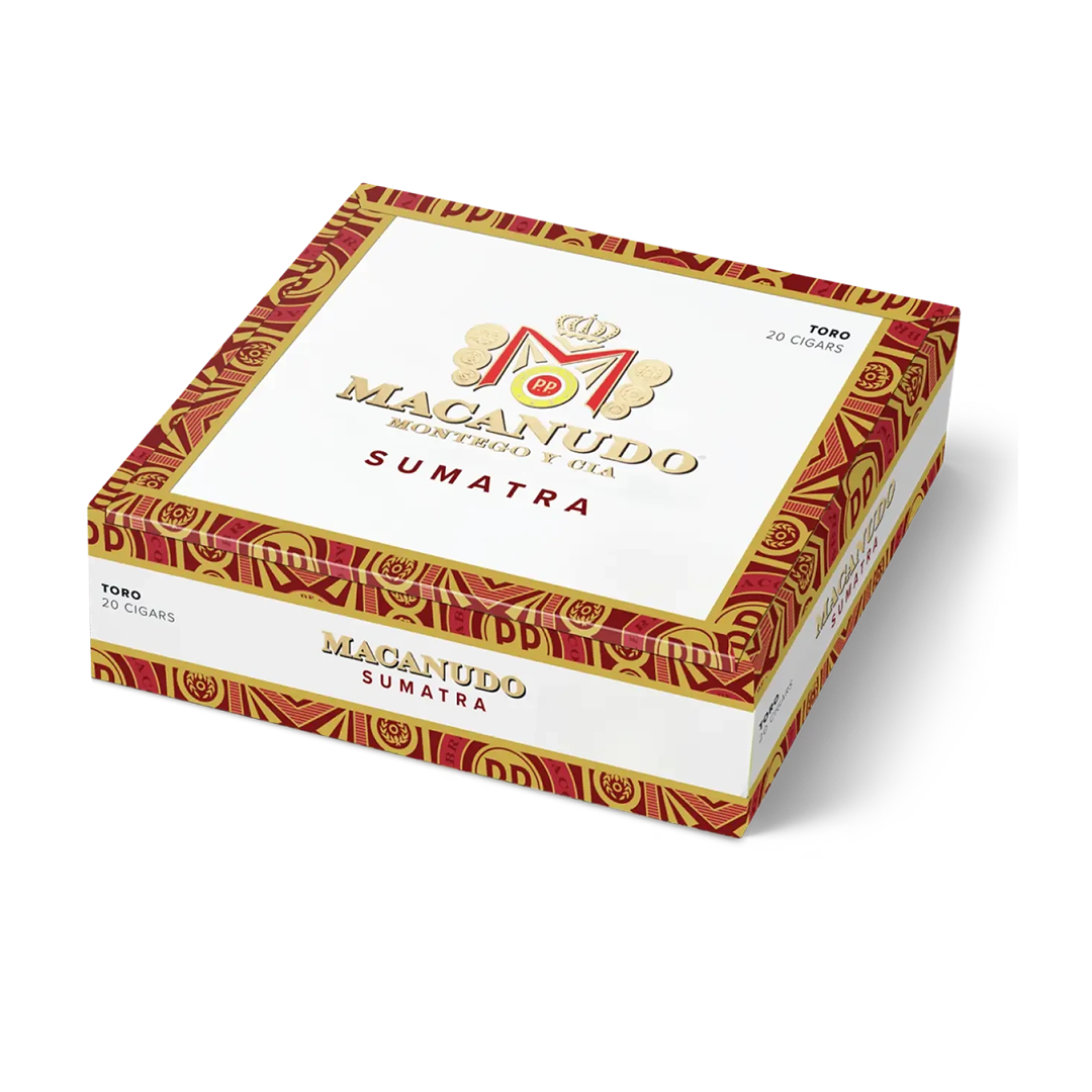 Macanudo Sumatra cigar box with decorative patterns on a white background