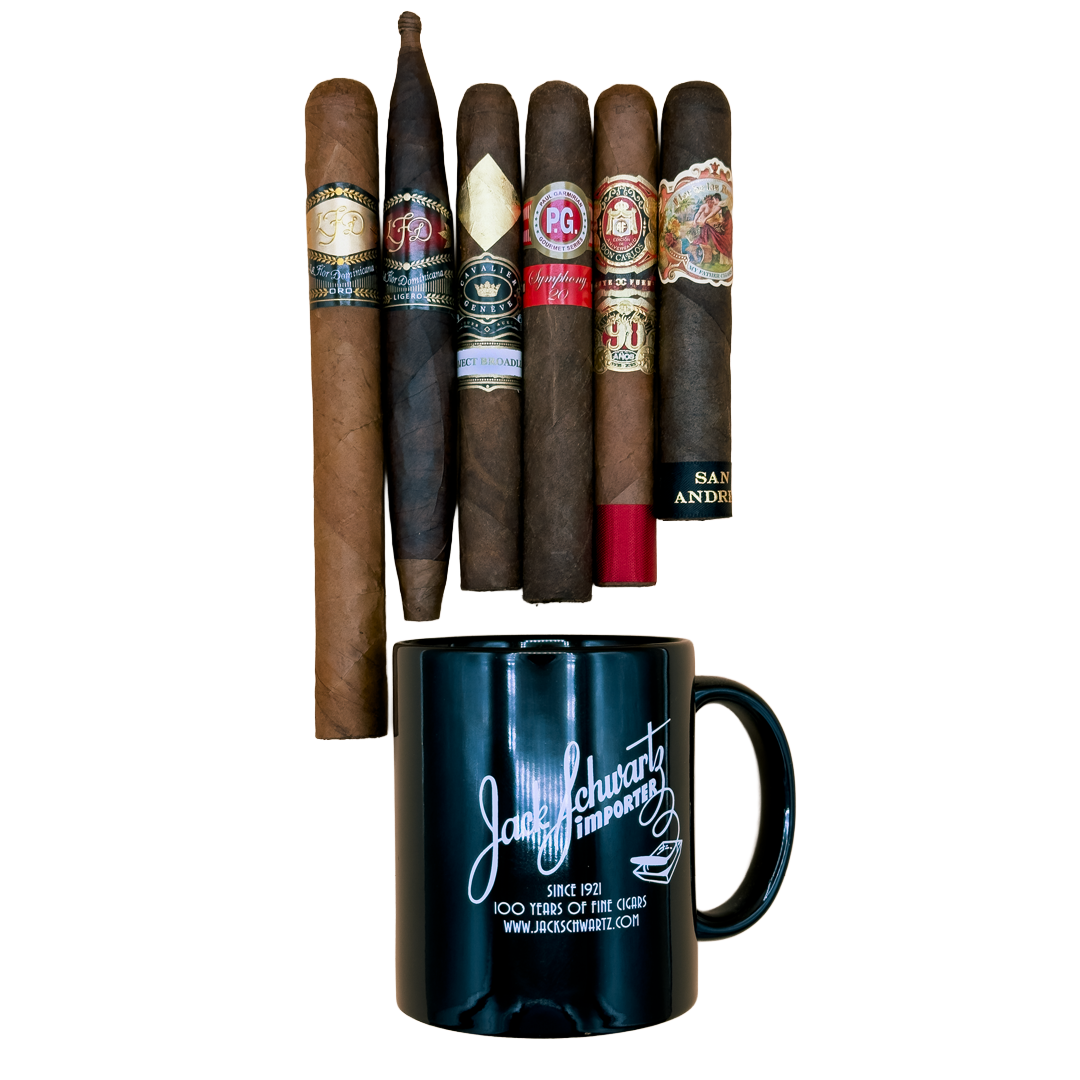 Assorted cigars with visible labels and a black mug featuring a logo on a white background