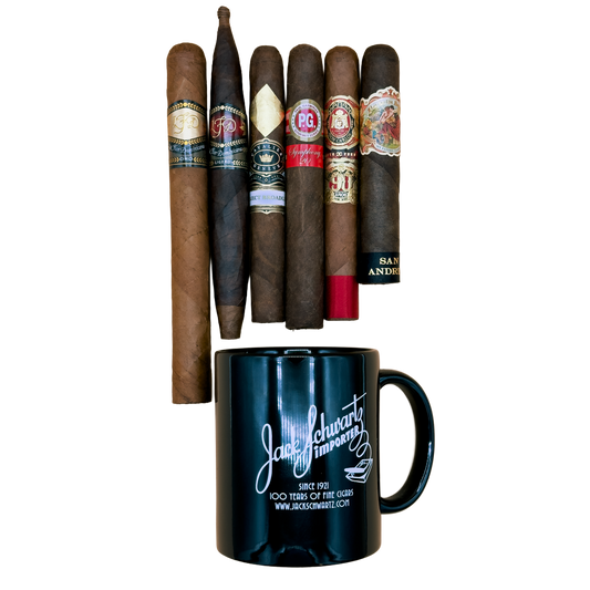 Assorted cigars with visible labels and a black mug featuring a logo on a white background