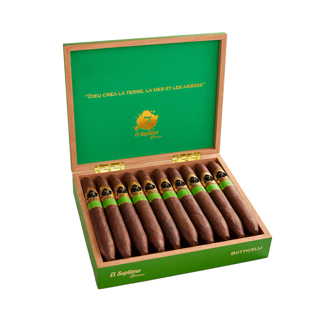 Open green box of cigars with cigars inside on a white background