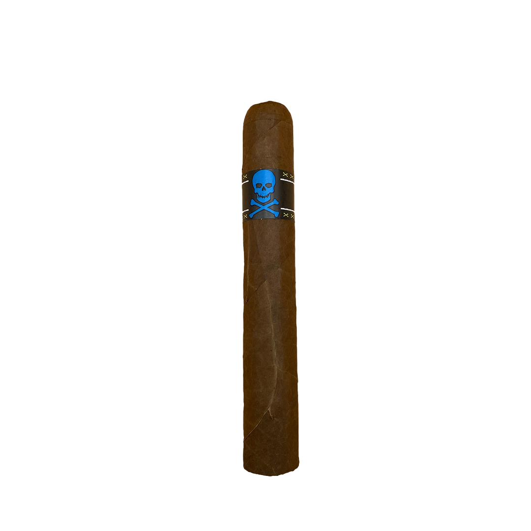 Cigar with a blue skull and crossbones label on a white background