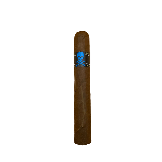 Cigar with a blue skull and crossbones label on a white background